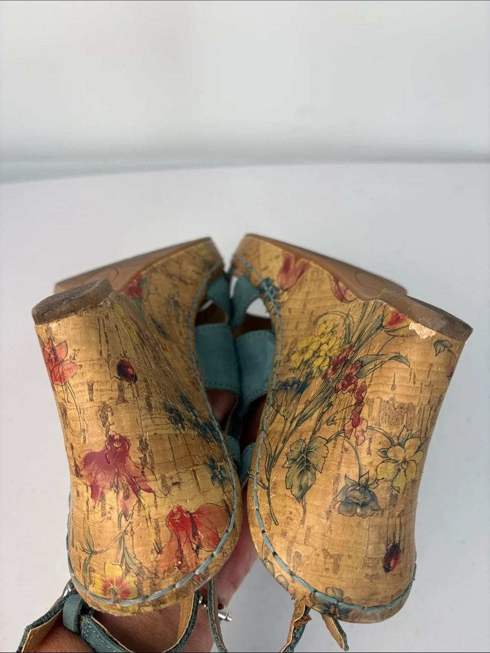 🫒 boc Teal Open-Toe Slingback Wedge Sandals with Floral Cork Heel